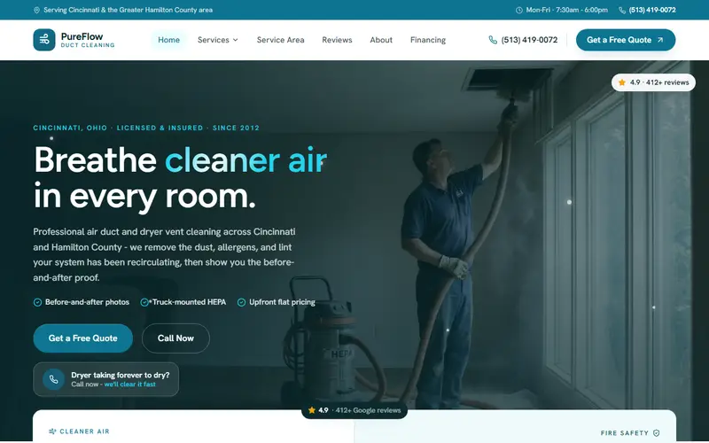 PureFlow Duct Cleaning duct cleaning demo website on a desktop screen - home page, first screen