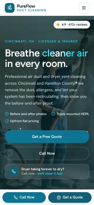 PureFlow Duct Cleaning duct cleaning demo website on a phone screen - home page, first screen