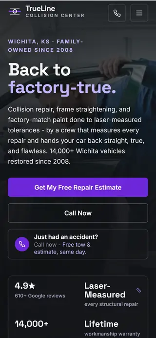 TrueLine Collision Center body shop demo website on a phone screen - home page, first screen