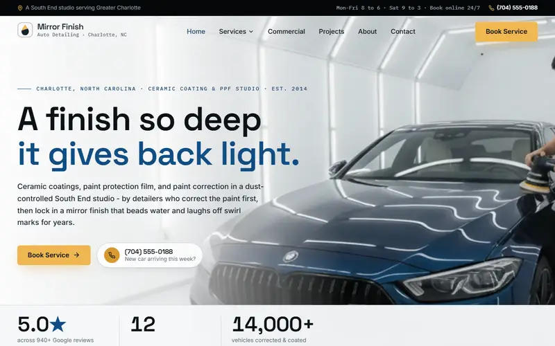 Mirror Finish Auto Detailing detailing demo website on a desktop screen - home page, first screen