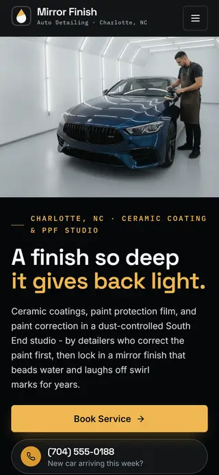 Mirror Finish Auto Detailing detailing demo website on a phone screen - home page, first screen
