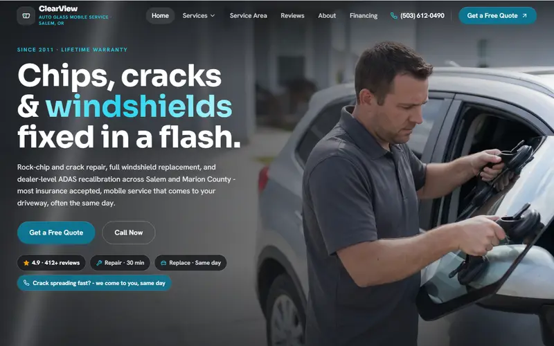 ClearView Auto Glass glass shop demo website on a desktop screen - home page, first screen