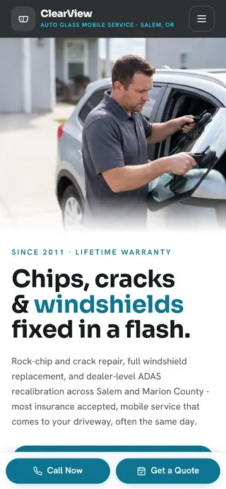 ClearView Auto Glass glass shop demo website on a phone screen - home page, first screen