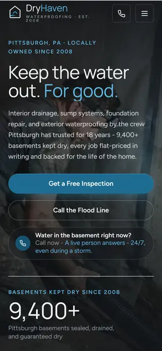 DryHaven Waterproofing basement waterproofing demo website on a phone screen - home page, first screen