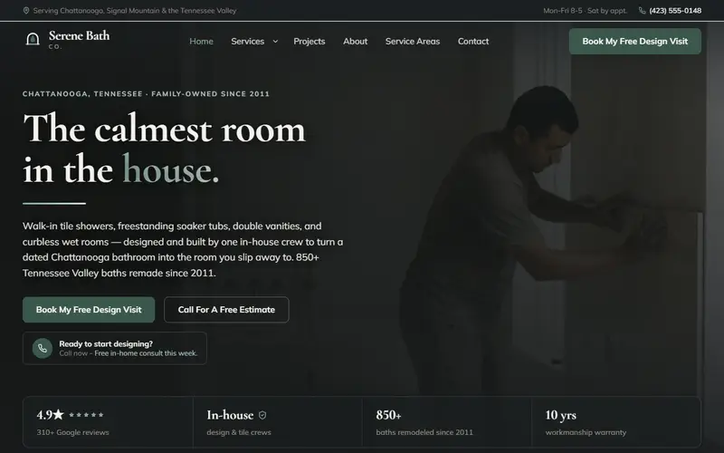 Serene Bath Co. bathroom remodeling demo website on a desktop screen - home page, first screen