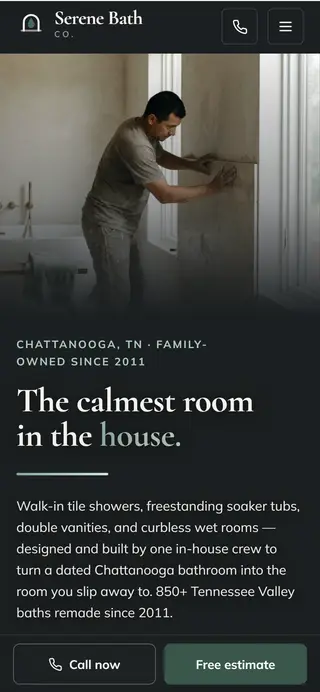Serene Bath Co. bathroom remodeling demo website on a phone screen - home page, first screen
