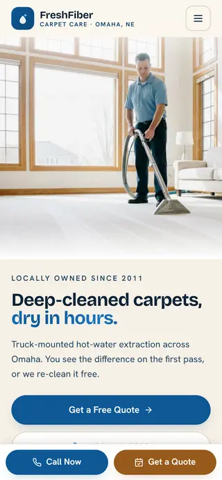 FreshFiber Carpet Care carpet cleaning demo website on a phone screen - home page, first screen
