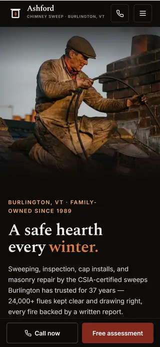 Ashford Chimney & Hearth chimney sweep demo website on a phone screen - home page, first screen