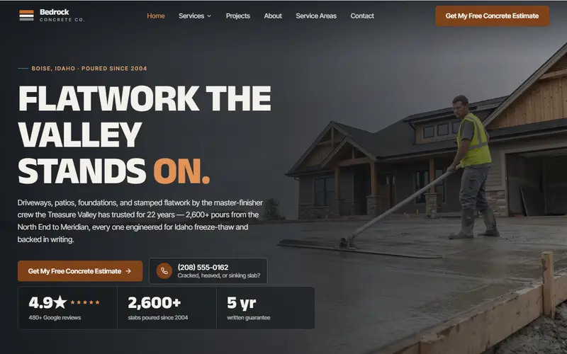 Bedrock Concrete Co. concrete contractor demo website on a desktop screen - home page, first screen