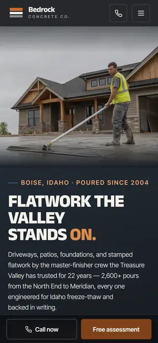 Bedrock Concrete Co. concrete contractor demo website on a phone screen - home page, first screen