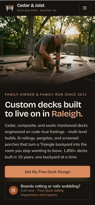 Cedar & Joist Decks deck builder demo website on a phone screen - home page, first screen
