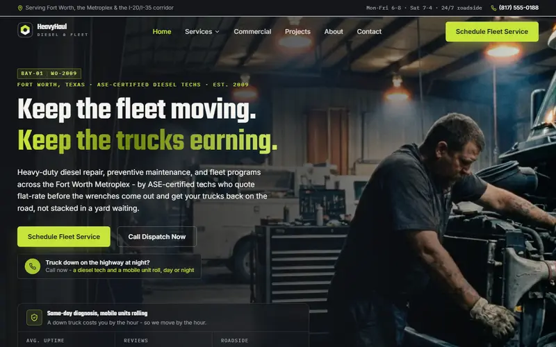 HeavyHaul Diesel & Fleet diesel repair demo website on a desktop screen - home page, first screen