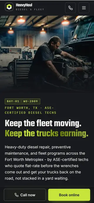 HeavyHaul Diesel & Fleet diesel repair demo website on a phone screen - home page, first screen