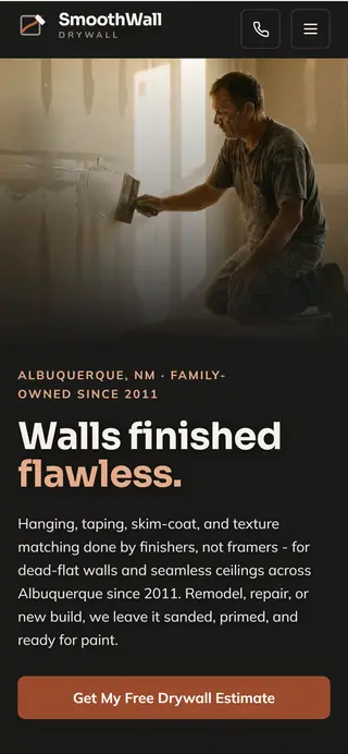 SmoothWall Drywall drywall contractor demo website on a phone screen - home page, first screen