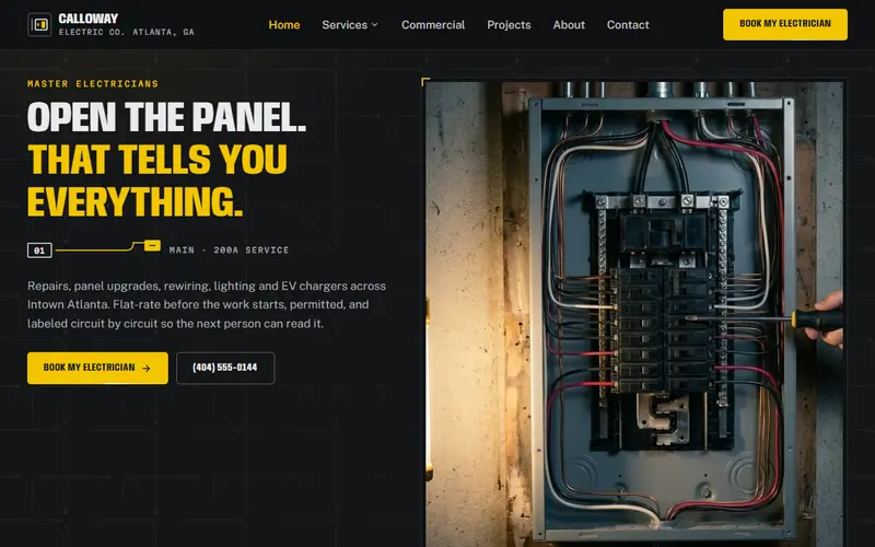 Calloway Electric Co. electrician demo website on a desktop screen - home page, first screen