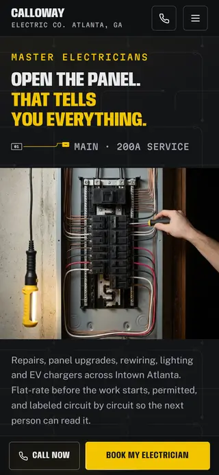 Calloway Electric Co. electrician demo website on a phone screen - home page, first screen