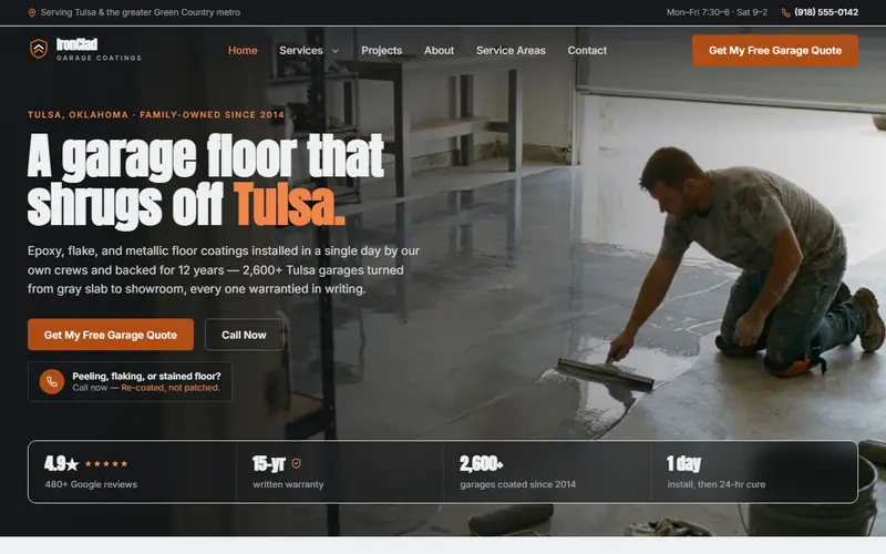 IronClad Garage Coatings epoxy flooring demo website on a desktop screen - home page, first screen