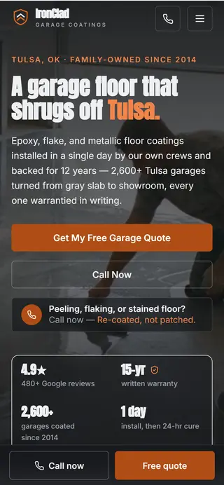 IronClad Garage Coatings epoxy flooring demo website on a phone screen - home page, first screen