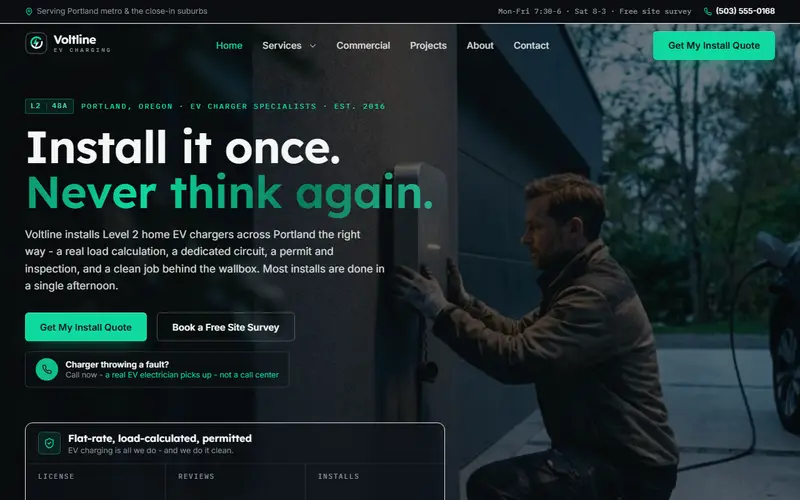 Voltline EV Charging EV charger demo website on a desktop screen - home page, first screen