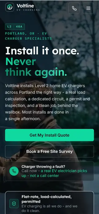 Voltline EV Charging EV charger demo website on a phone screen - home page, first screen