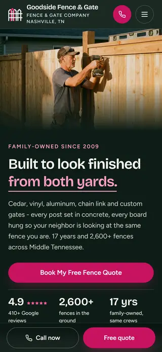 Goodside Fence & Gate fence company demo website on a phone screen - home page, first screen
