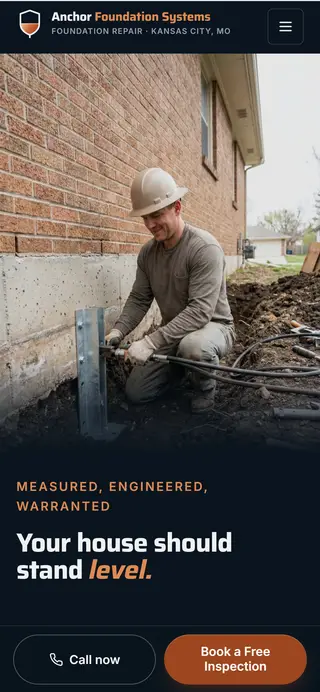 Anchor Foundation Systems foundation repair demo website on a phone screen - home page, first screen