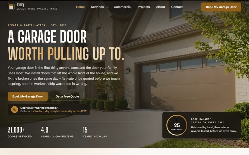 Trinity Garage Doors garage door demo website on a desktop screen - home page, first screen