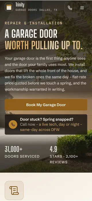 Trinity Garage Doors garage door demo website on a phone screen - home page, first screen