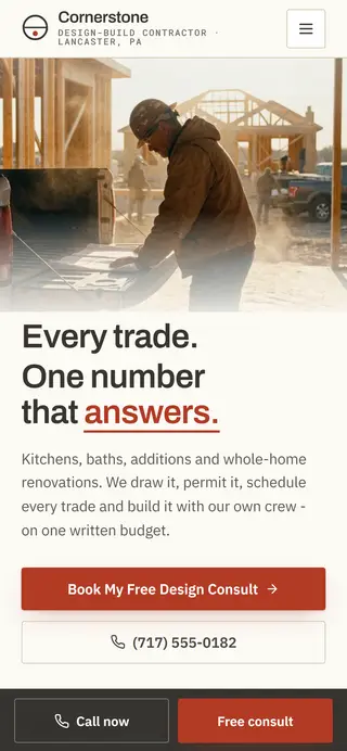 Cornerstone Build & Remodel general contractor demo website on a phone screen - home page, first screen
