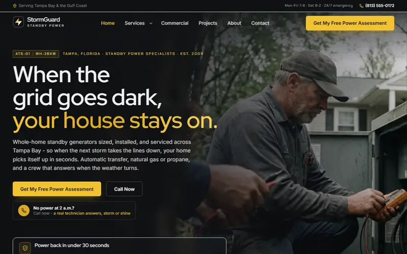 StormGuard Power generator installer demo website on a desktop screen - home page, first screen