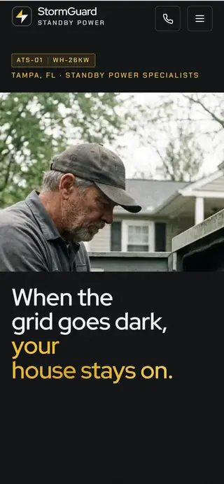 StormGuard Power generator installer demo website on a phone screen - home page, first screen