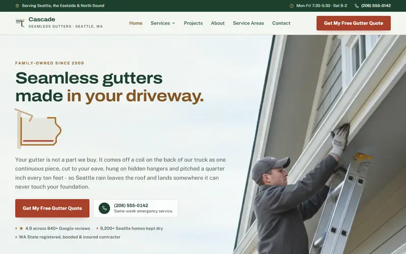 Cascade Seamless Gutters gutter company demo website on a desktop screen - home page, first screen