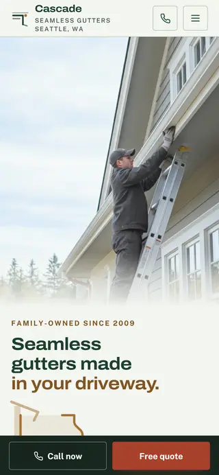 Cascade Seamless Gutters gutter company demo website on a phone screen - home page, first screen