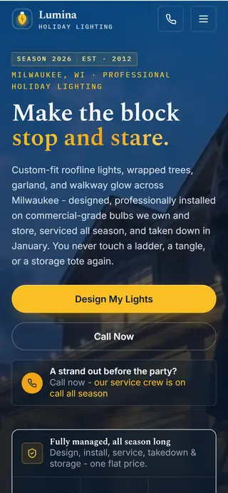 Lumina Holiday Lighting Christmas lighting demo website on a phone screen - home page, first screen