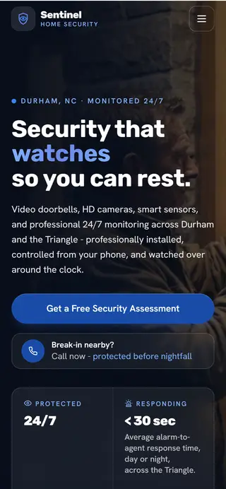 Sentinel Home Security home security demo website on a phone screen - home page, first screen