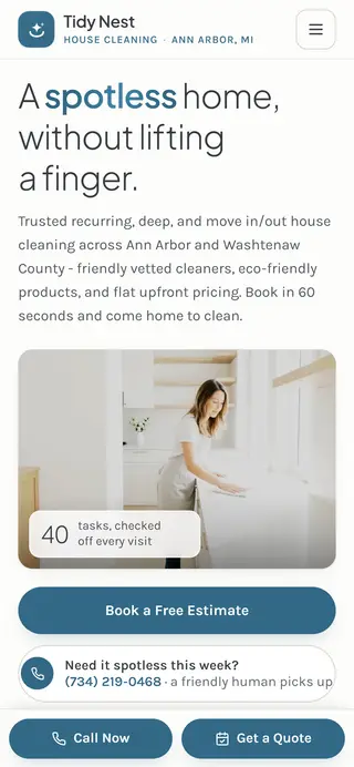 Tidy Nest Cleaning Co. house cleaning demo website on a phone screen - home page, first screen