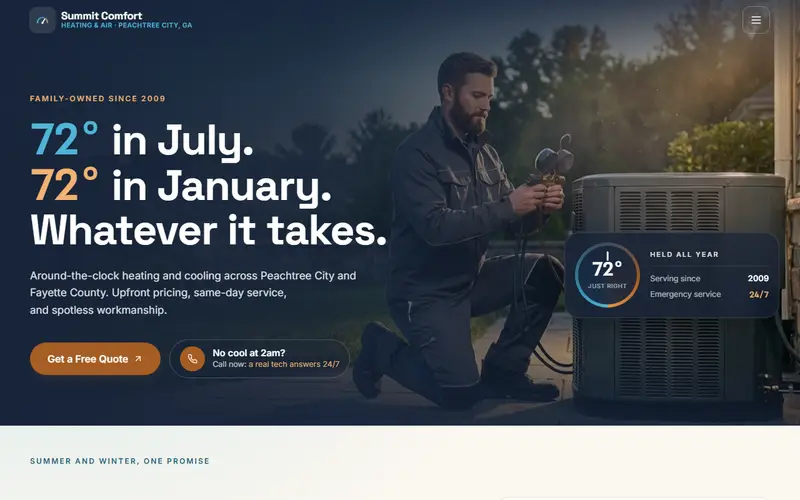 Summit Comfort Heating & Air HVAC demo website on a desktop screen - home page, first screen