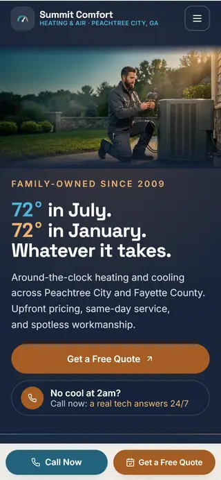 Summit Comfort Heating & Air HVAC demo website on a phone screen - home page, first screen