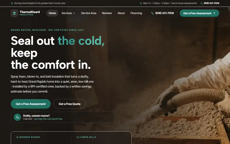 ThermalGuard Insulation insulation demo website on a desktop screen - home page, first screen