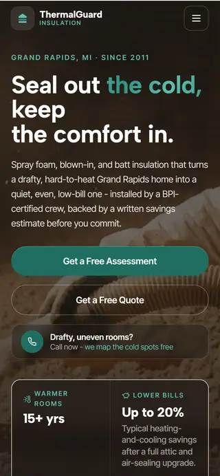 ThermalGuard Insulation insulation demo website on a phone screen - home page, first screen