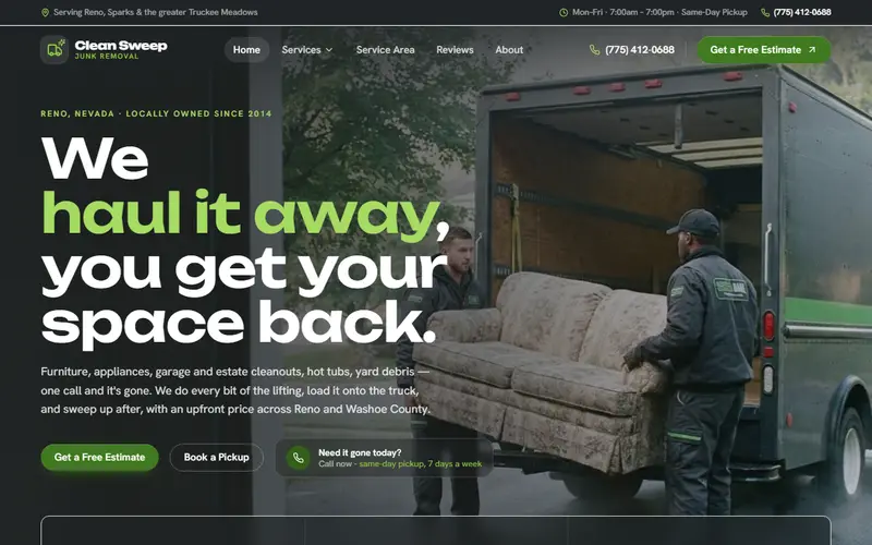 Clean Sweep Junk Removal junk removal demo website on a desktop screen - home page, first screen