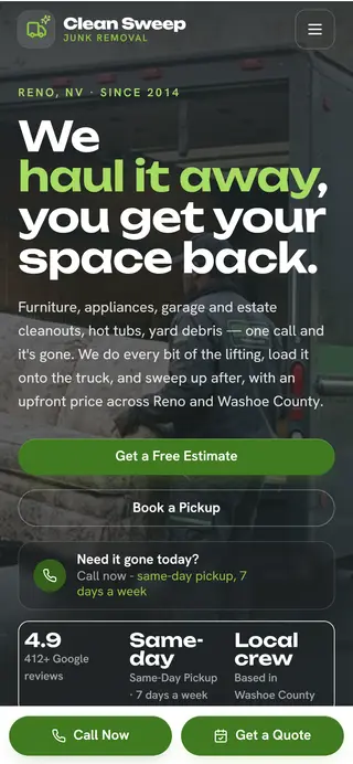 Clean Sweep Junk Removal junk removal demo website on a phone screen - home page, first screen