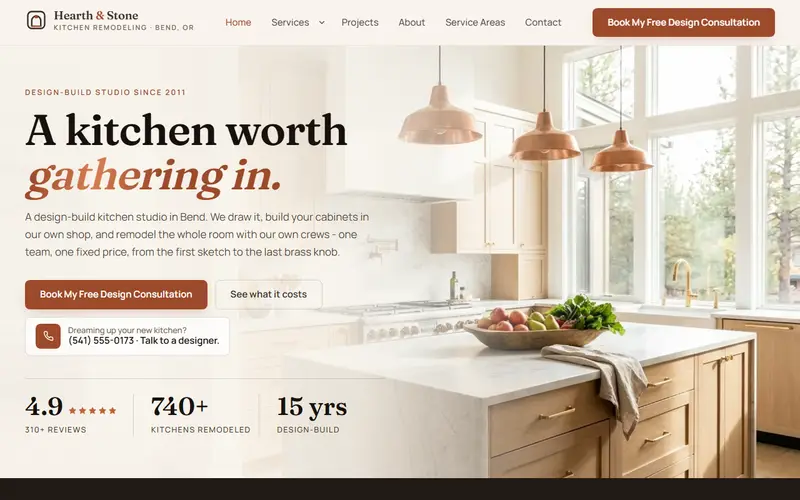 Hearth & Stone Kitchens kitchen remodeling demo website on a desktop screen - home page, first screen