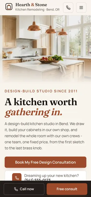 Hearth & Stone Kitchens kitchen remodeling demo website on a phone screen - home page, first screen