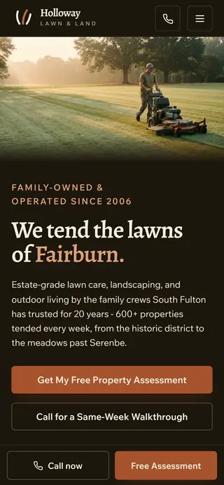 Holloway Lawn & Land landscaping demo website on a phone screen - home page, first screen