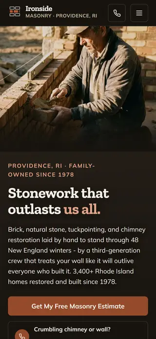 Ironside Masonry Co. masonry contractor demo website on a phone screen - home page, first screen