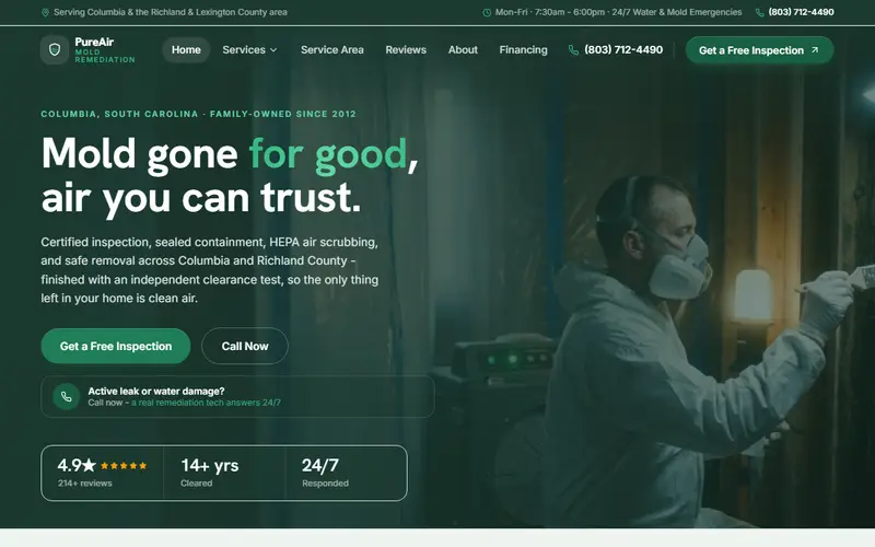 PureAir Mold Remediation mold remediation demo website on a desktop screen - home page, first screen