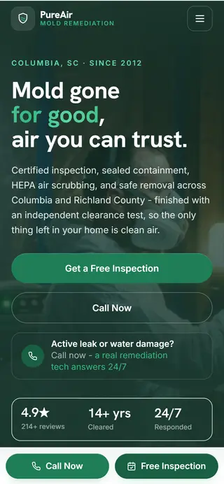 PureAir Mold Remediation mold remediation demo website on a phone screen - home page, first screen