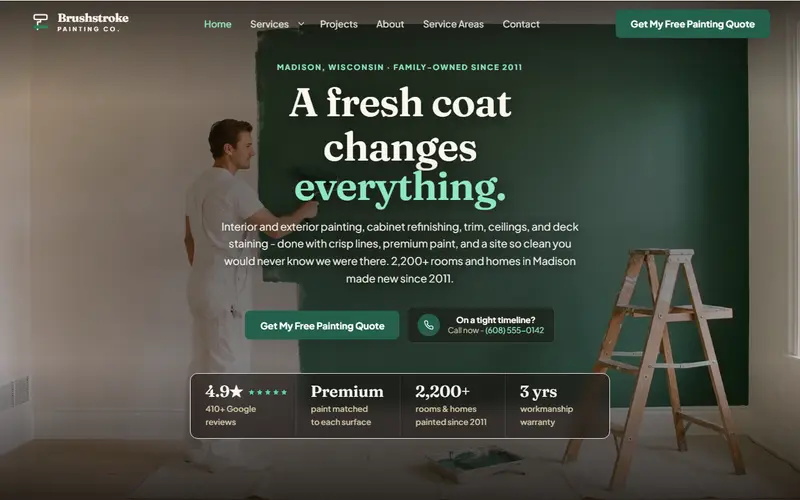 Brushstroke Painting Co. painting company demo website on a desktop screen - home page, first screen