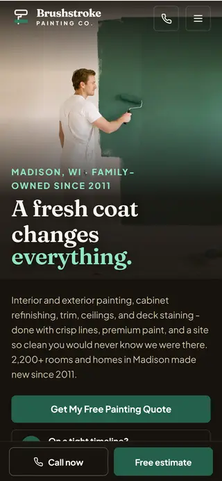 Brushstroke Painting Co. painting company demo website on a phone screen - home page, first screen
